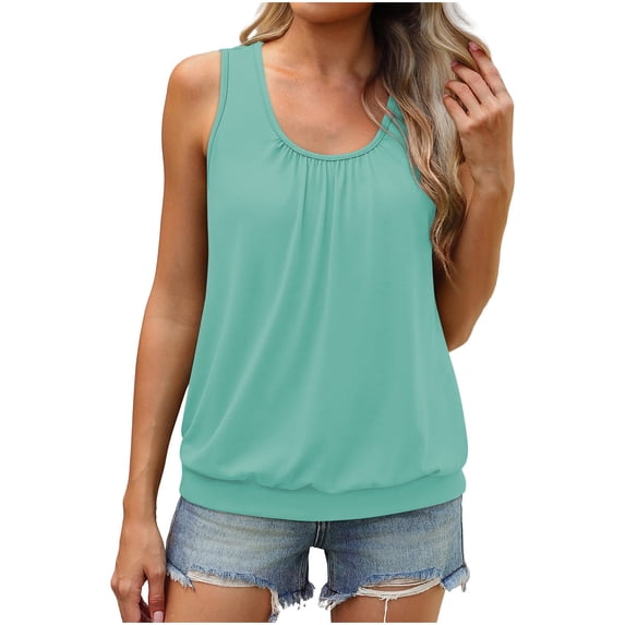 Admvng Womens Pleated Tank Tops U-Neck Sleeveless Casual Blouses Elastic Hem Shirts