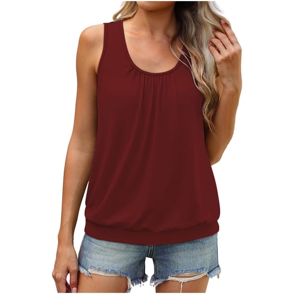 Admvng Womens Pleated Tank Tops U-Neck Sleeveless Casual Blouses with Elastic Hem Everyday Tops