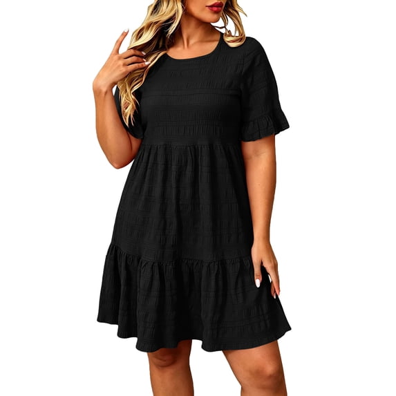 Admvng Womens Plus Size Casual Tiered Ruffle Dress Short Sleeve Round Neck Textured Summer Everyday & Vacation Dress