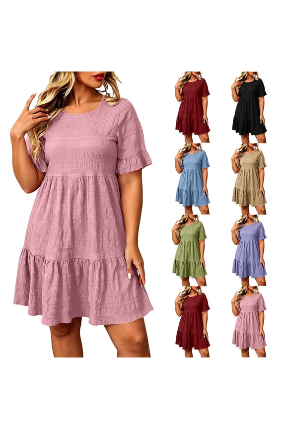 Womens Plus Size Casual Tiered Ruffle Dress Short Sleeve Round Neck Textured Summer Everyday & Vacation Dress