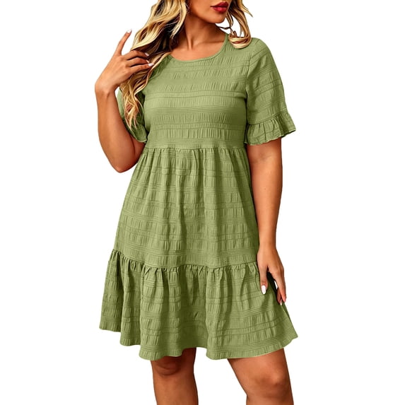 Admvng Womens Plus Size Casual Tiered Ruffle Dress Short Sleeve Round Neck Textured Summer Everyday & Vacation Dress