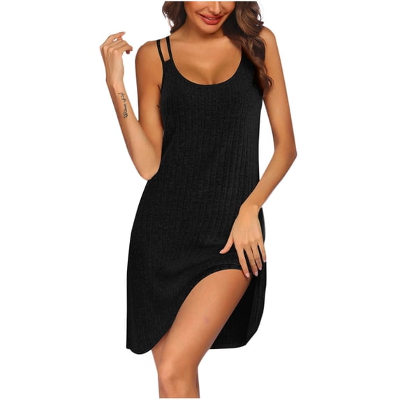 Admvng Womens Plus Size Dress Ribbed Knit Double Strap Solid Round Neck Sleeveless Casual Comfortable Mini Dresses