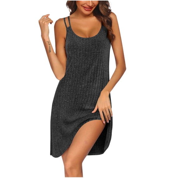 Admvng Womens Plus Size Dress Ribbed Knit Double Strap Solid Round Neck Sleeveless Casual Comfortable Mini Dresses
