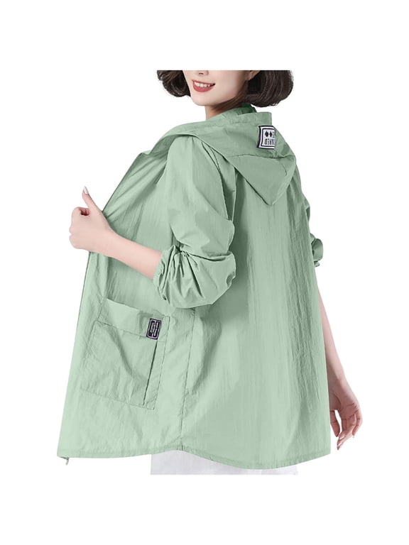 Womens Plus Size Jacket Lightweight Hooded Sun Protection Long Sleeve Pocket Casual Outdoor Beach Travel Wind Coat