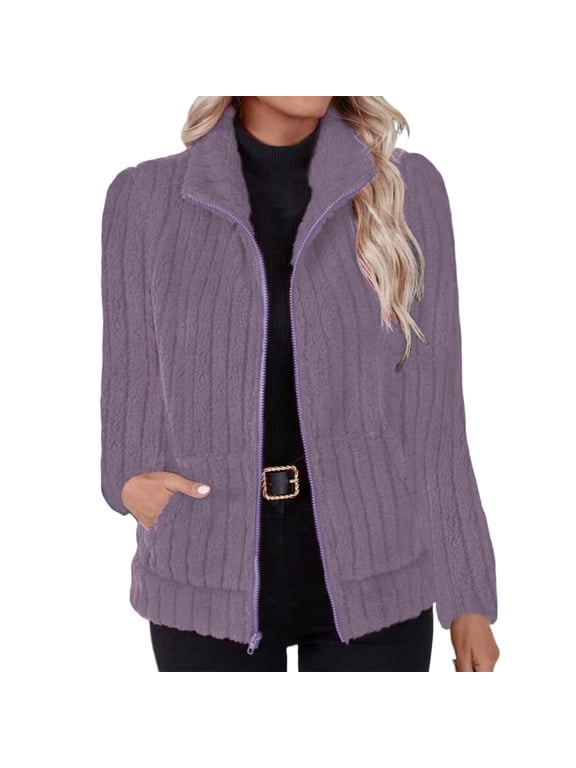 Womens Plus Size Jacket Zip Up Stand Collar Pocket Cozy Lightweight Fall Winter Casual Outerwear