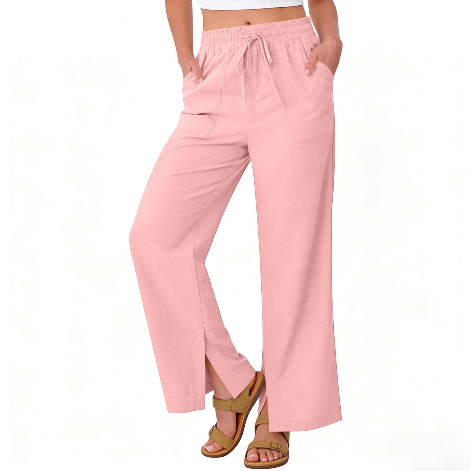 Admvng Womens Plus Size Linen Pants Wide Leg Drawstring Elastic Waist ...