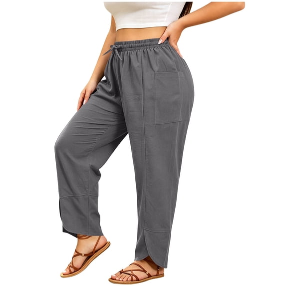 Admvng Womens Plus Size Pants Cotton and Linen Summer Casual Drawstring Waist Comfy Pants