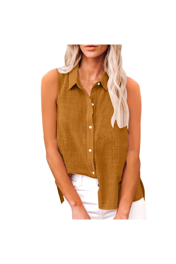 Womens Plus Size Sleeveless Linen Button Down Shirt Collared Casual Summer Tank Blouse with Side Slits