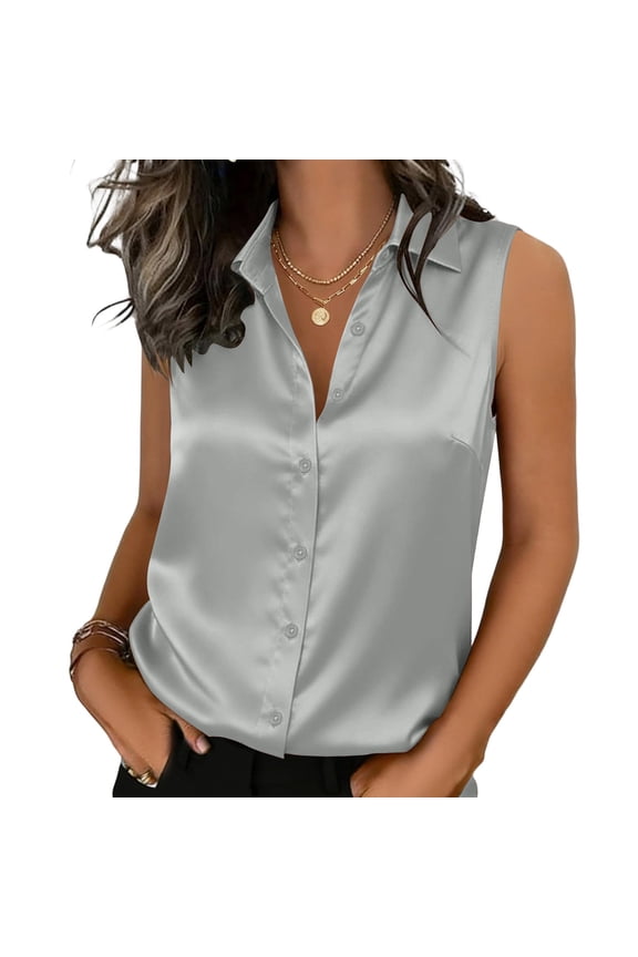 Womens Plus Size Tank Top Satin Sleeveless Button Down Collared Office Dressy Blouse