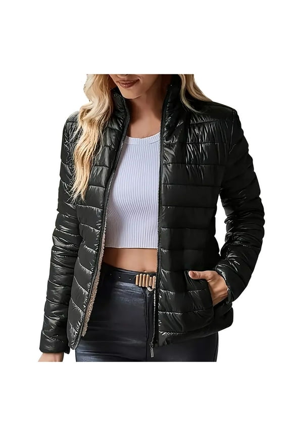 Womens Puffer Jacket Stand Collar Lightweight Fall Winter Short Coat with Side Pockets