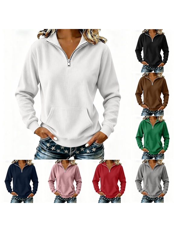 Womens Pullover Sweatshirt Half Zip Stand Collar Pocket Long Sleeve Loose Casual Lightweight Top