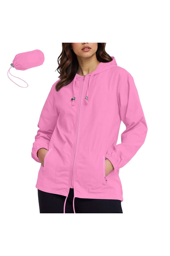Womens Rain Jacket Plus Size Lightweight Waterproof Zipper Hooded Jacket Raincoat Jacket with Pockets S-5XL