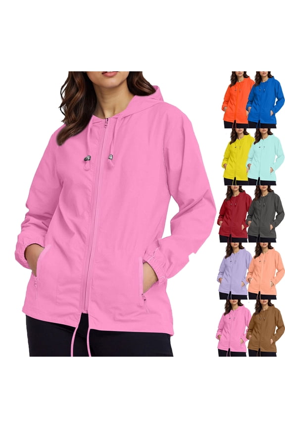Womens Rain Jacket Plus Size Lightweight Waterproof Zipper Hooded Jacket Raincoat Jacket with Pockets S-5XL