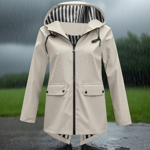 Admvng Womens Rain Jacket with Hood Rain Outdoor Plus Size with Hood Outdoor Lightweight Windbreaker Loose Coat Tops with Pocket S-2XL