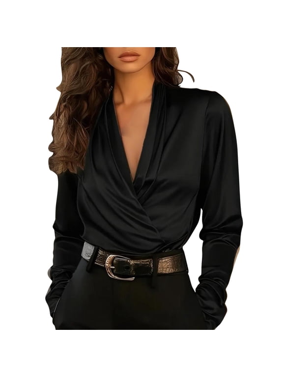 Womens Satin Wrap Blouse Long Sleeve V-Neck Elegant Office Work Shirts