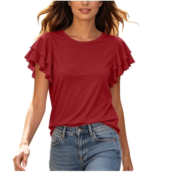 Admvng Womens Scoop Neck Casual Tops Ruffle Short Sleeve Summer Loose Fit Blouses