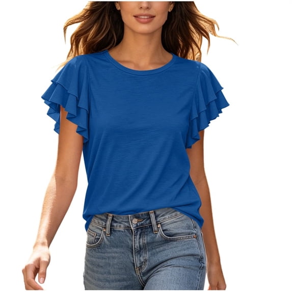 Admvng Womens Scoop Neck Casual Tops Ruffle Short Sleeve Summer Loose Fit Blouses