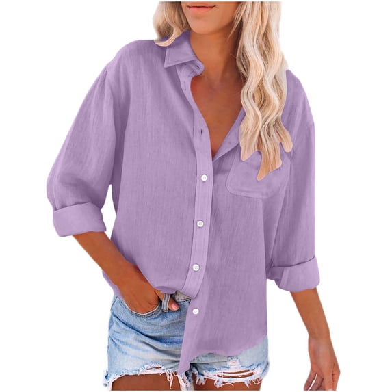 Admvng Button Down Shirts for Women Solid Color Lapel Casual Button Up Long Sleeved Shirt S-2XL