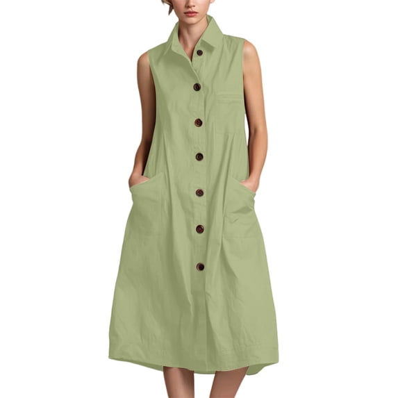 Admvng Womens Shirt Dress Button Sleeveless Collar Summer Vacation Dress with Pockets