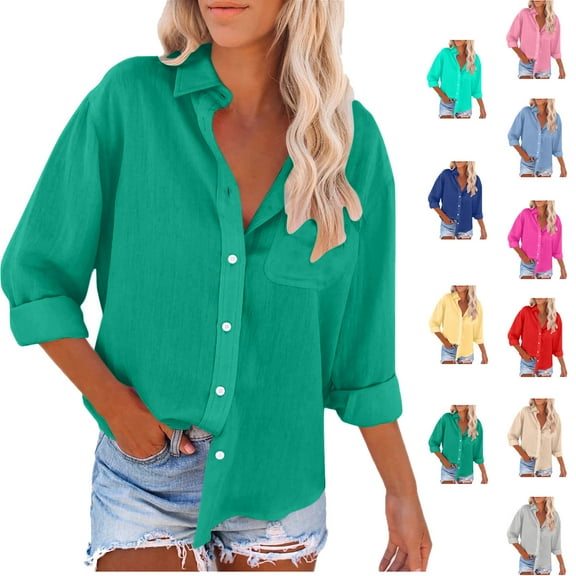 Admvng Womens Shirts Casual Long Sleeve Loose Fit Tops with Pocket S-2XL