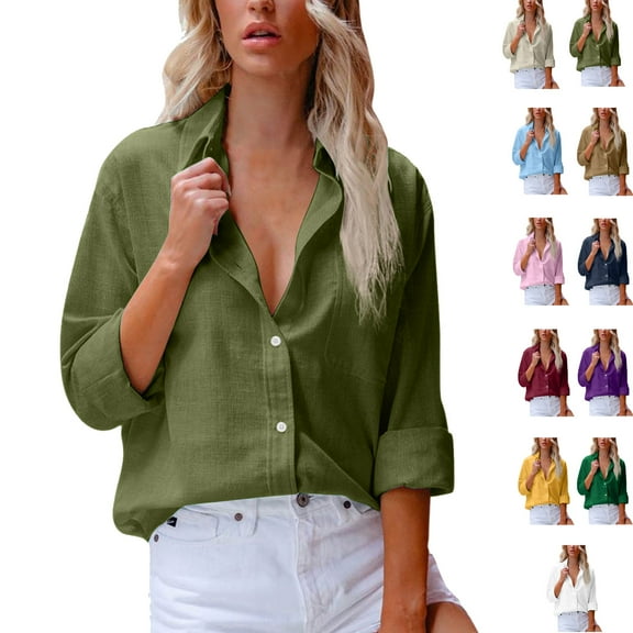 Admvng Womens Shirts Casual Solid Color V Neck Loose Long Sleeve Blouse Work Tunic Tops with Pocket S-2XL
