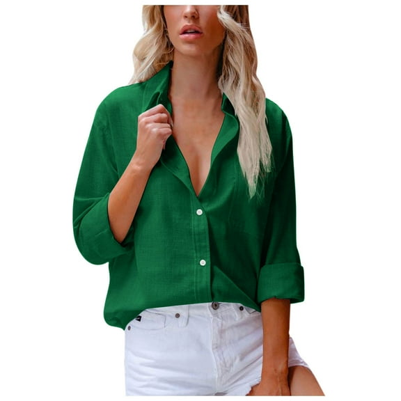 Admvng Womens Shirts Casual Solid Color V Neck Loose Long Sleeve Blouse Work Tunic Tops with Pocket S-2XL