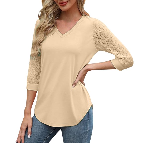 Admvng Womens Shirts Loose Solid Color V-neck 3/4 Lace Sleeve Summer Casual Tops S-2XL