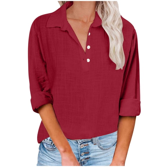 Admvng Womens Shirts Solid Color V Neck Collared Button Down Shirt Tops S-2XL