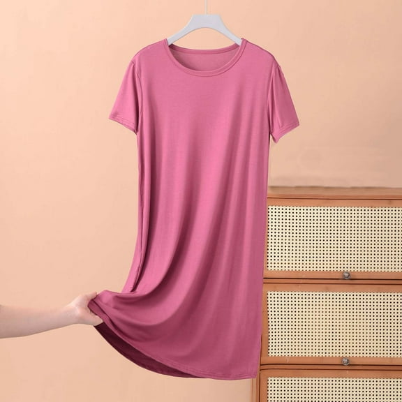 Admvng Womens Short Sleeve Skirt Summer Thin Loose Dress Casual Solid Color Home Nightgown XL-5XL