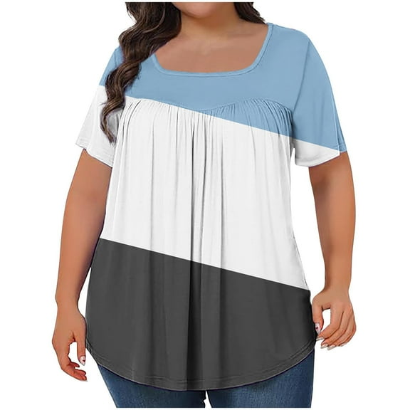 Admvng Womens Short Sleeve Tops Printed Oversized Neck Pleated Short Sleeved Loose Top L-5XL