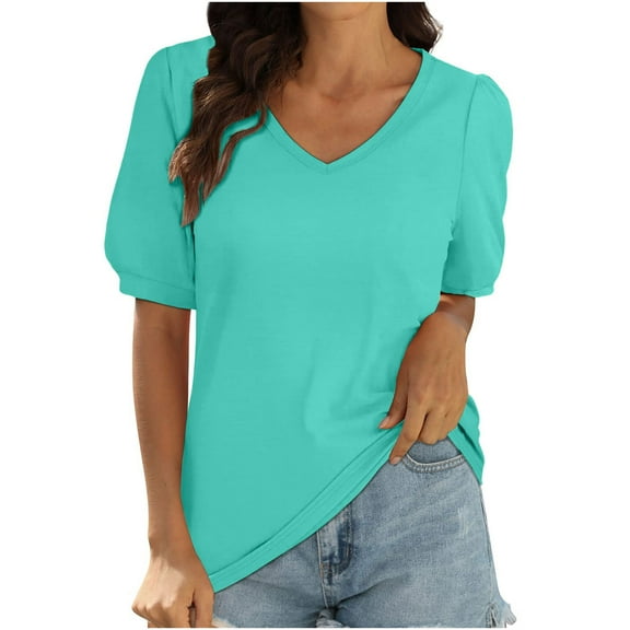 Admvng Womens Short Sleeve Tops V Neck Puff Sleeve Summer Loose Fit Casual Fashion Blouse S-2XL