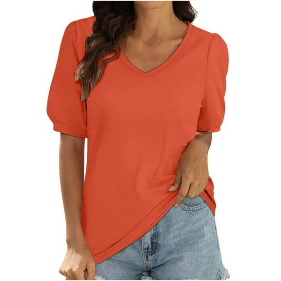 Admvng Womens Short Sleeve Tops V Neck Puff Sleeve Summer Loose Fit Casual Fashion Blouse S-2XL