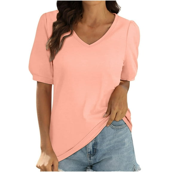 Admvng Womens Short Sleeve Tops V Neck Puff Sleeve Summer Loose Fit Casual Fashion Blouse S-2XL