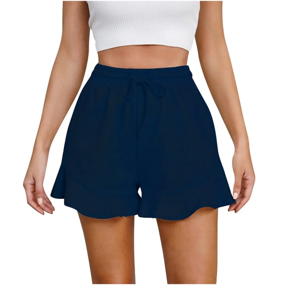 Admvng Womens Shorts Casual Cotton and Linen Pants with Ruffles Elastic Waist Drawstring Shorts S-2XL
