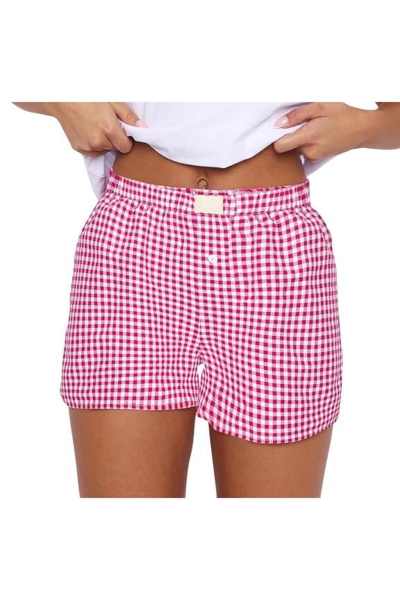 Womens Shorts Gingham Checkered Boxer Elastic Waist Everyday Shorts