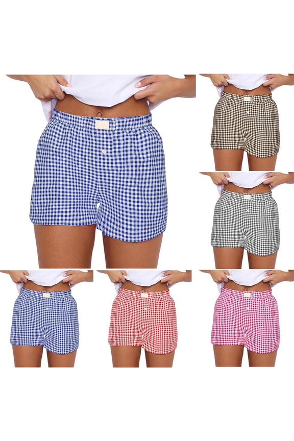 Womens Shorts Gingham Checkered Boxer Elastic Waist Everyday Shorts