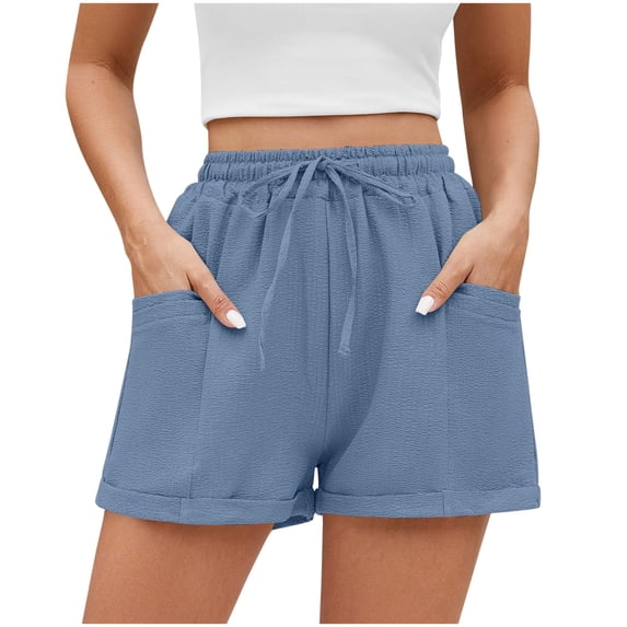 Admvng Womens Shorts Summer Solid Casual Drawstring Elastic Waist Side Pocket Shorts
