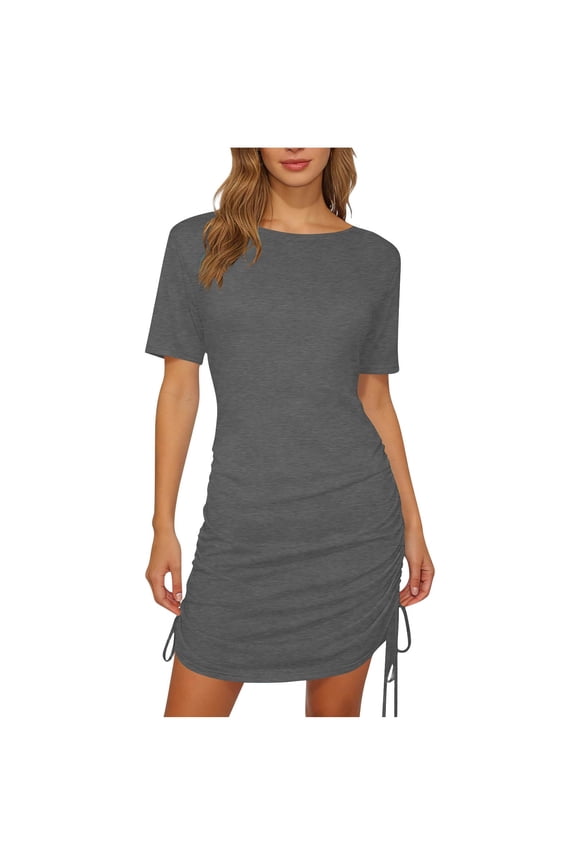 Womens Side Drawstring Ruched Dress Round Neck Short Sleeve Adjustable Bodycon Summer Party Dress