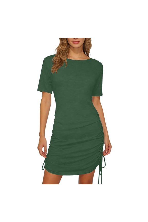 Womens Side Drawstring Ruched Dress Round Neck Short Sleeve Adjustable Bodycon Summer Party Dress