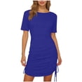 thumbnail image 1 of Admvng Womens Side Drawstring Ruched Dress Round Neck Short Sleeve Adjustable Bodycon Summer Party Dress, 1 of 7