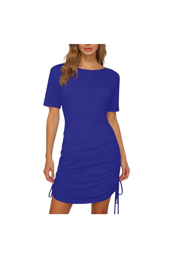 Womens Side Drawstring Ruched Dress Round Neck Short Sleeve Adjustable Bodycon Summer Party Dress
