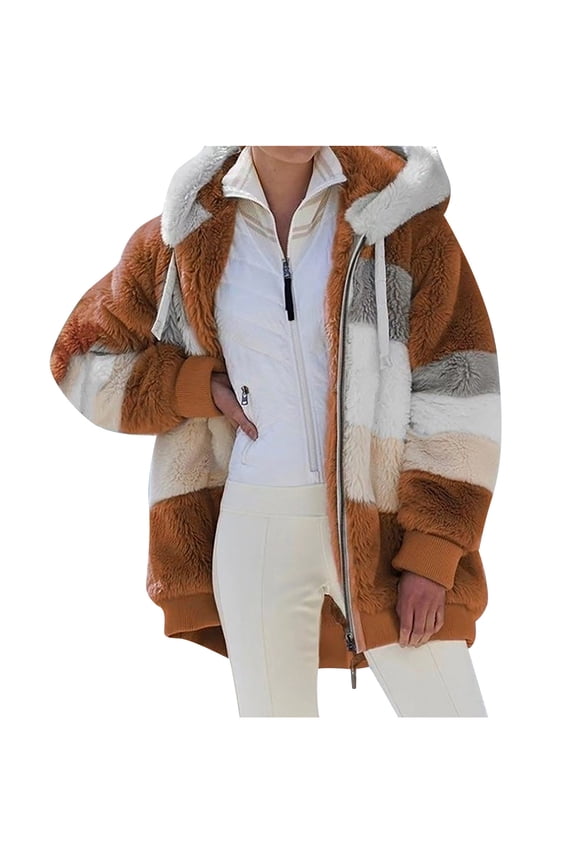 Womens Striped Hooded Jacket Drawstring Full Zip Long Sleeve Plush Teddy Coat with Side Pockets
