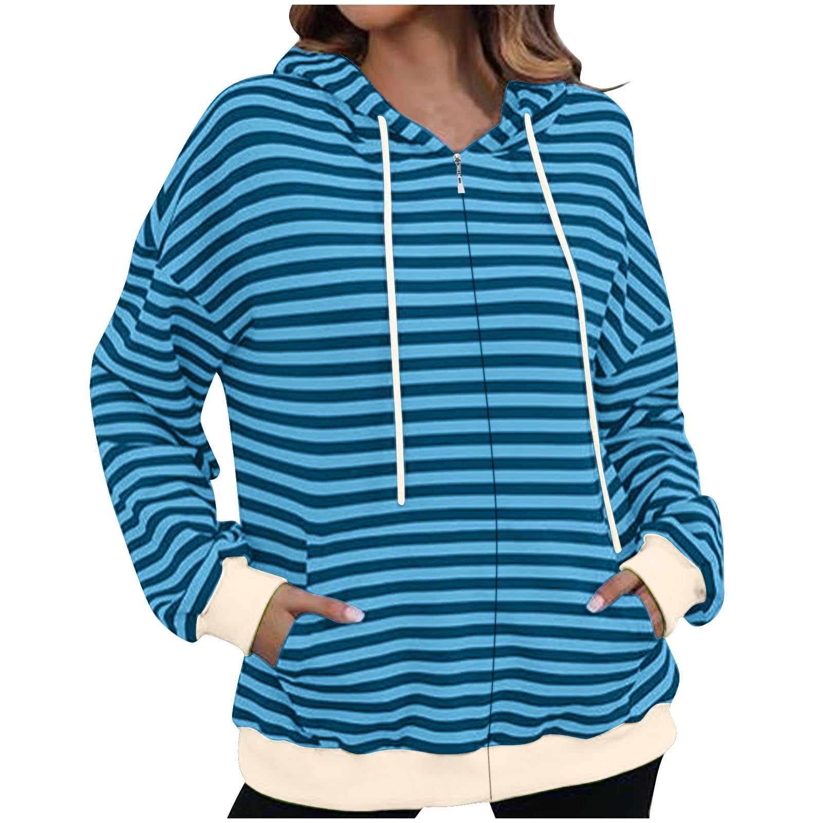 Admvng Womens Striped Hoodie Jacket Color Block Zip Up Long Sleeve ...