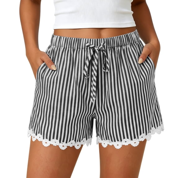 Admvng Womens Striped Loungewear Shorts Lace Trim with Drawstring Waist Sleep Everyday Wear