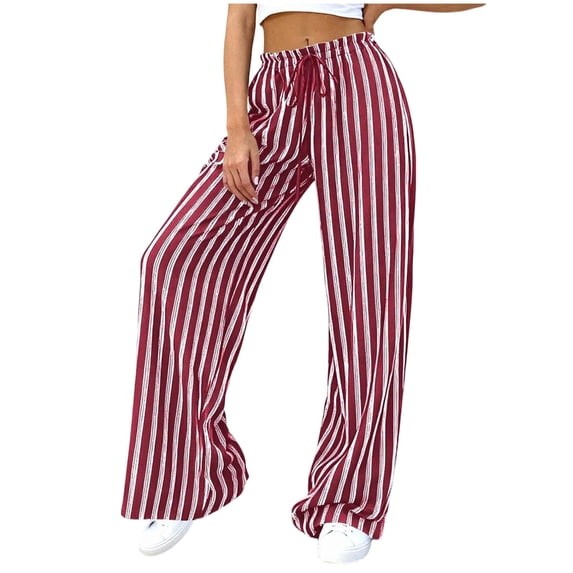 Admvng Womens Striped Pants Drawstring Waist Casual Wide Leg Comfy Trousers