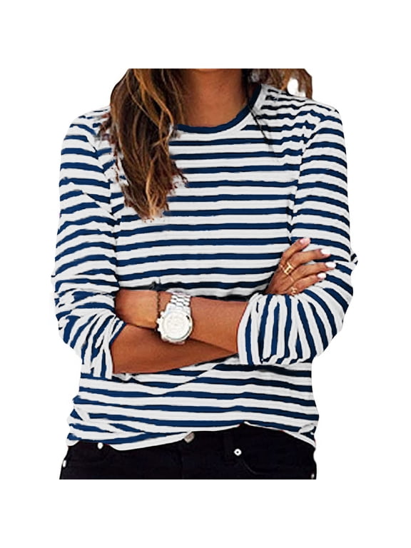 Womens Striped T-Shirt Long Sleeve Crew Neck Casual Basic Layering Tee