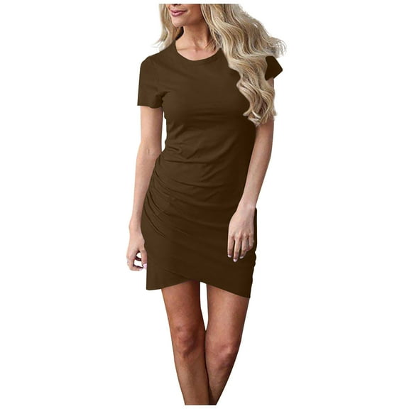 Admvng Womens Summer Dresses Sexy Solid Color Round Neck and Irregular Short Sleeve Dress S-2XL