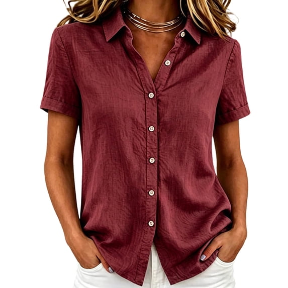 Admvng Womens Summer Lapel Collar Button Down Shirt Short Sleeve Textured Linen Casual Blouse Top