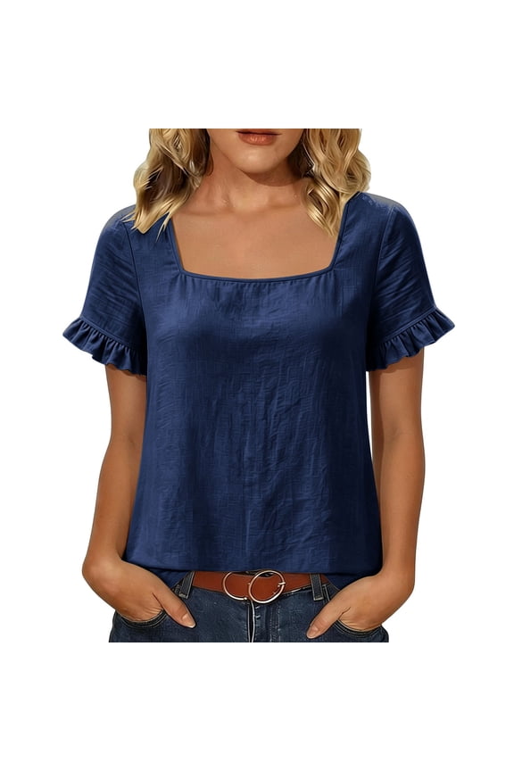 Womens Summer Square Neck Blouse Ruffle Short Sleeve Textured Casual Tops
