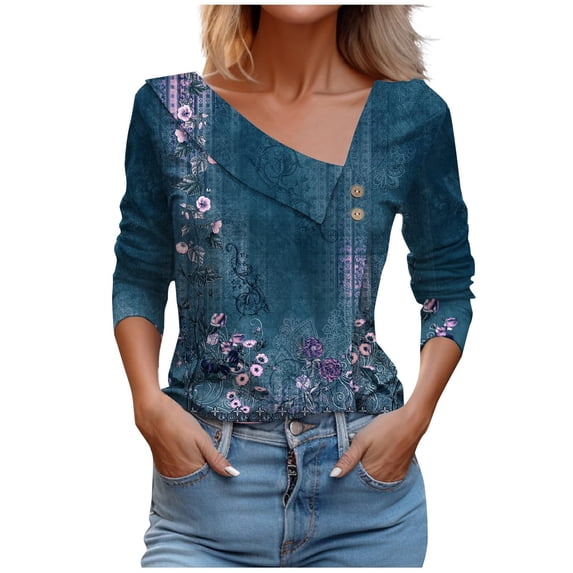 Admvng Womens Summer Tops Neck Casual Printed Button-Up Blouse T-shirt Blouse, Size S-5XL